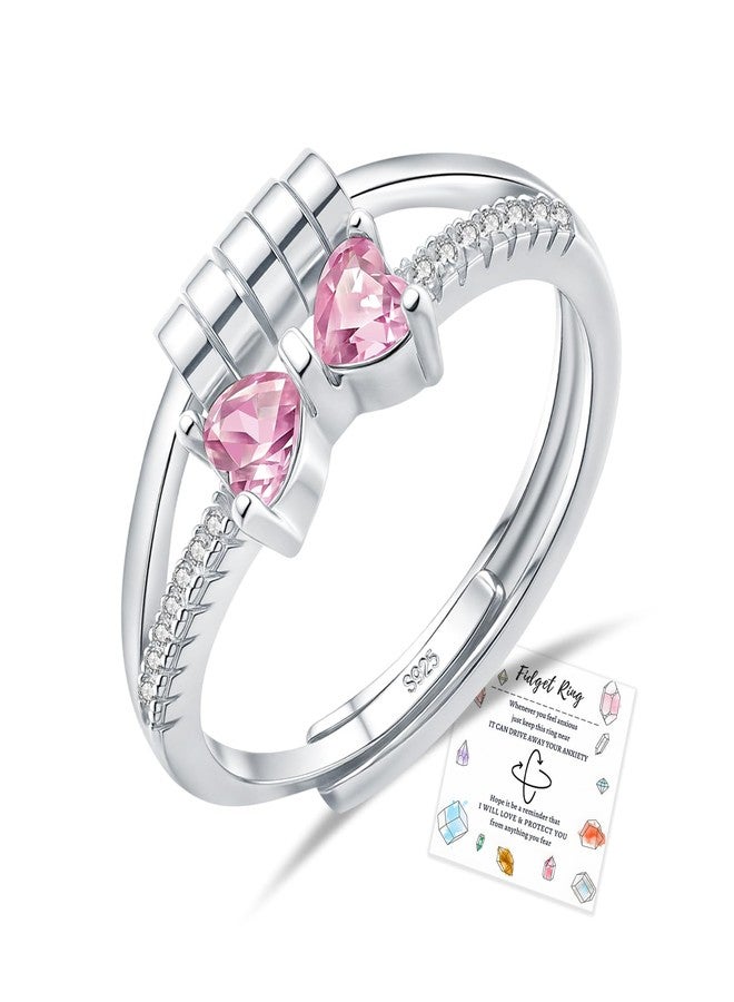 HEEYA Birthstone Rings for Women,Anxiety Ring,Dainty Sterling Silver Plated Bow Spinner Fidget Ring,Adjustable Pink Birthstone Ring for Women,October Birthday Christmas Gifts for Wife Daughter Sister - Image 1